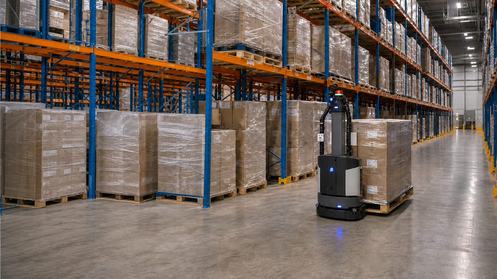 Driverless automated guided vehicle transporting a pallet through a high-bay warehouse
